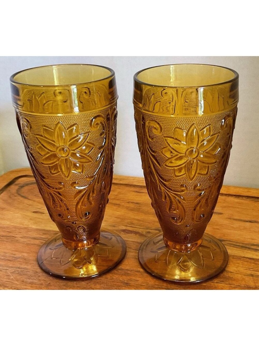 Retro Amber Glass Goblets Daisy & Button with Panels Set of 2